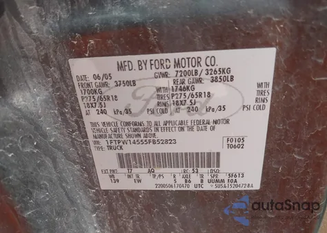 2005 Ford F-150 Fx4/Lariat/Xlt from USA, damaged, VIN 1FTPW14555FB52823